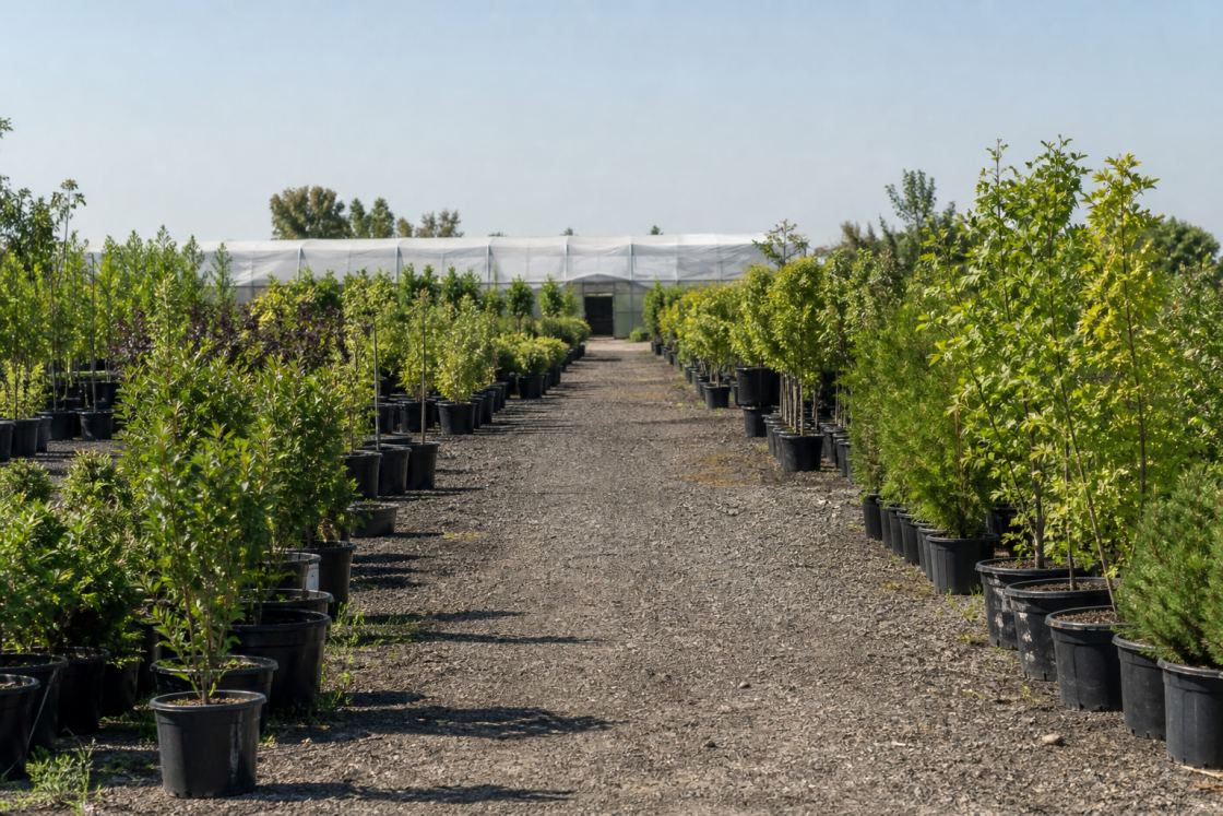 Hileras de arbustos y árboles jóvenes en contenedor en el patio de un vivero, con una casa de sombra al fondo.