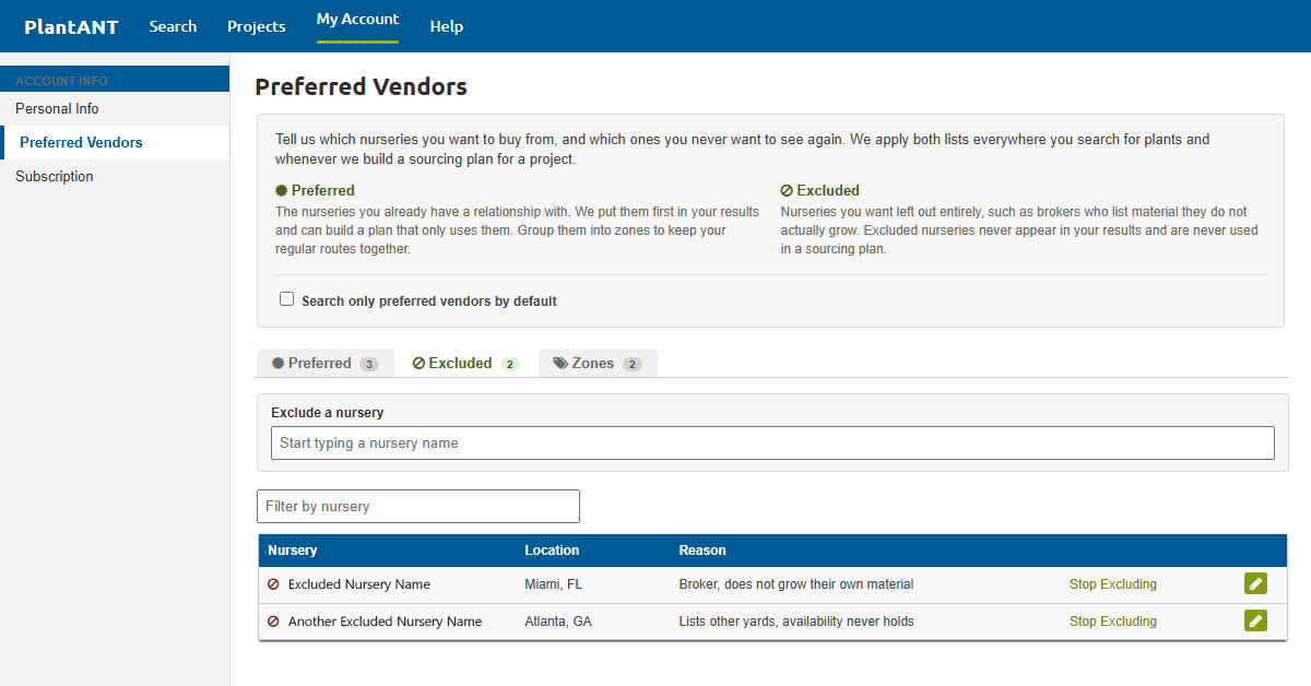 Excluded nurseries tab