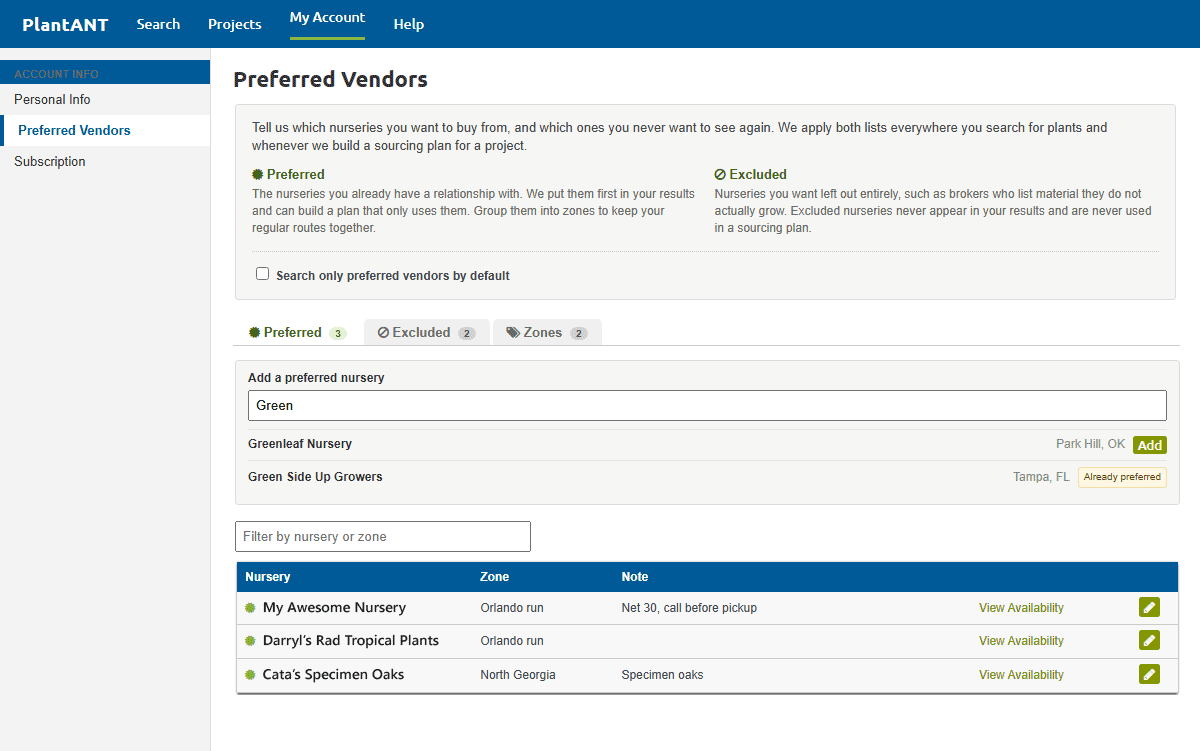 Preferred nurseries tab