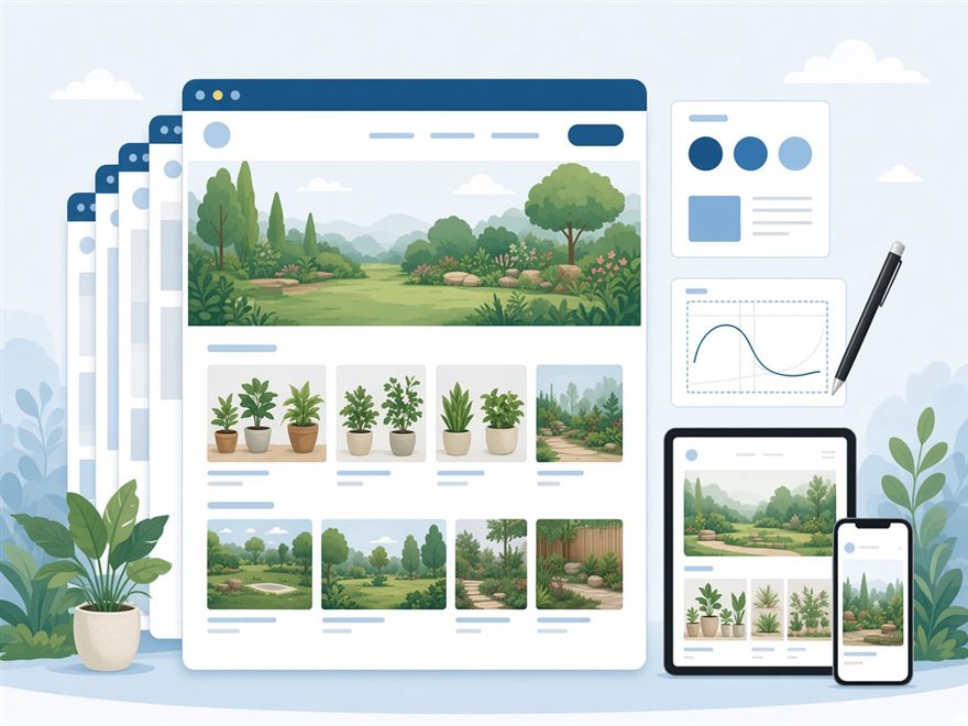 A custom website being designed for a landscaping and nursery business, shown on desktop, tablet, and phone