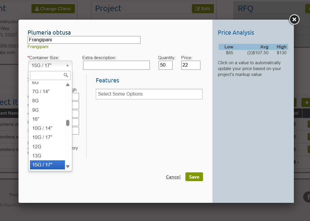 Screenshot: Add Plants popup with suggested average pricing.