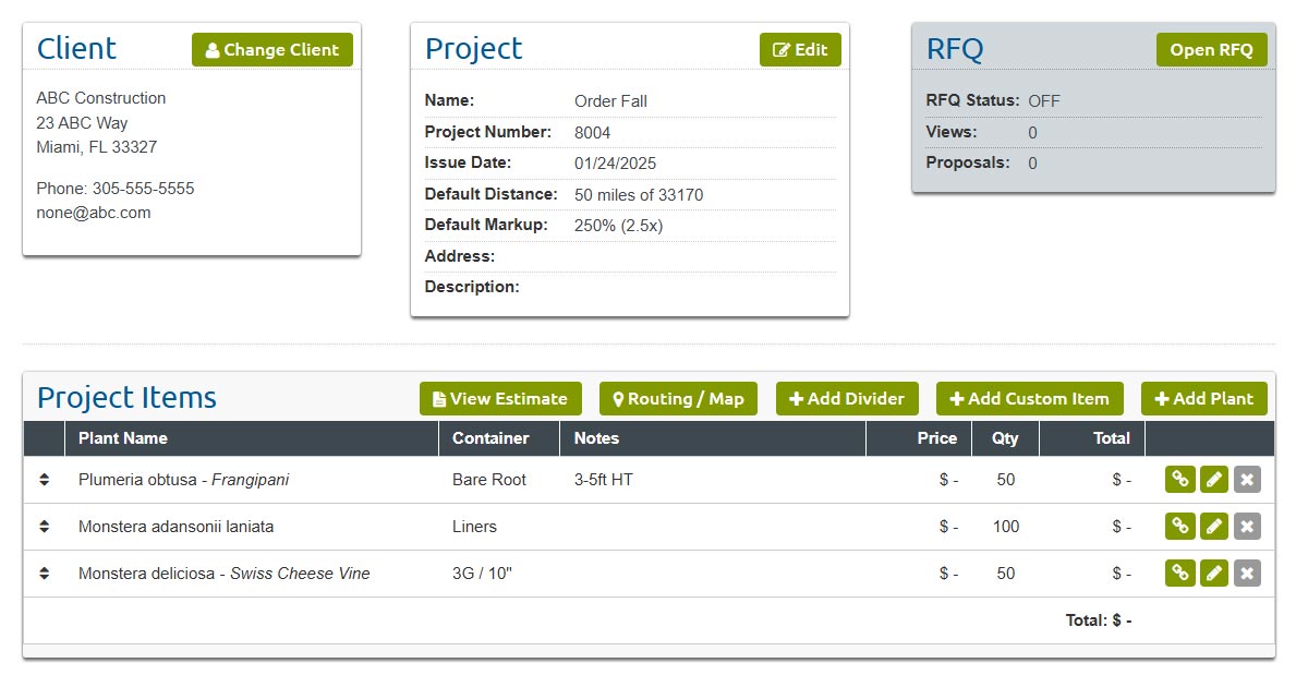 Screenshot: project detail with items and RFQ responses.