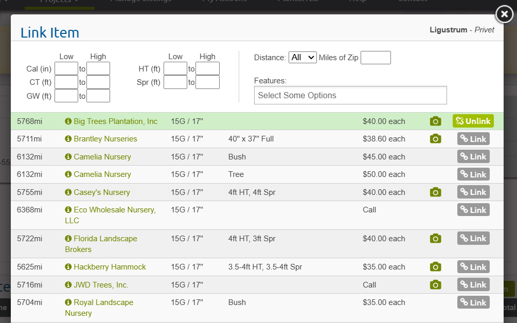 Screenshot: linking nurseries to project plants.