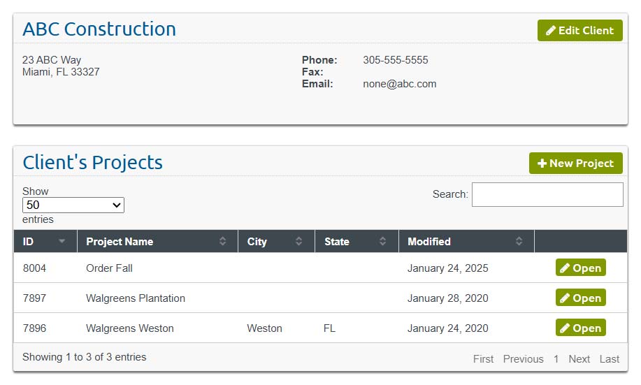 Screenshot: client profile with multiple projects listed.