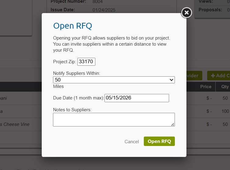Screenshot: RFQ setup with due date and instructions.