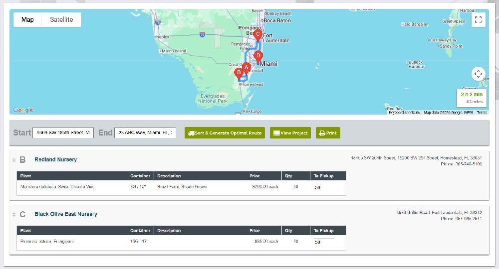 Screenshot: optimized pickup route map with stops.